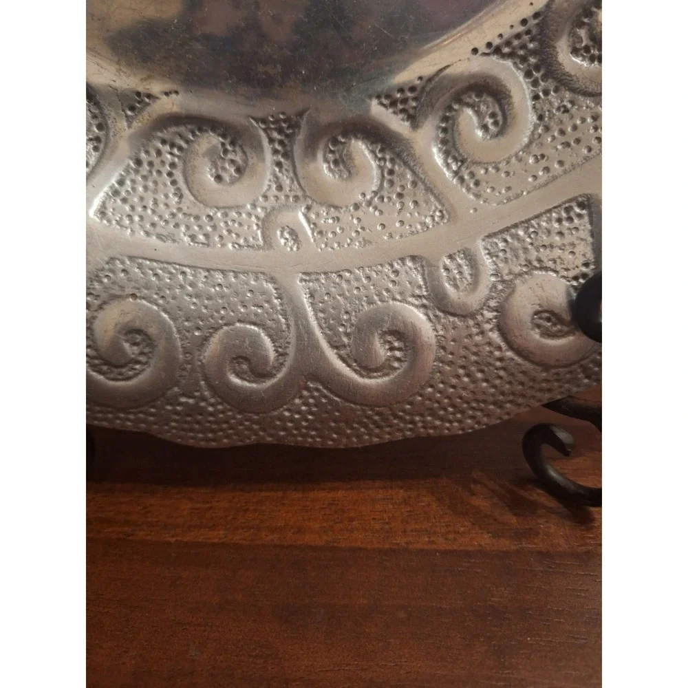 Vintage 80s Pewter‎ IHI Made in India Decorative Swirl Etched 14x14 Bowl Dish